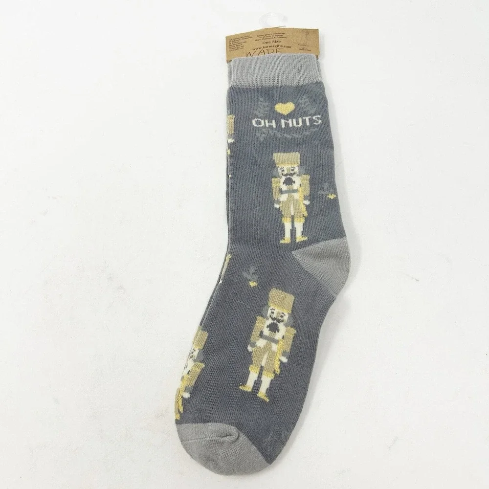Karma Womens Oh Nuts Nutcracker Gray Gold Christmas Holiday Crew Socks One Size